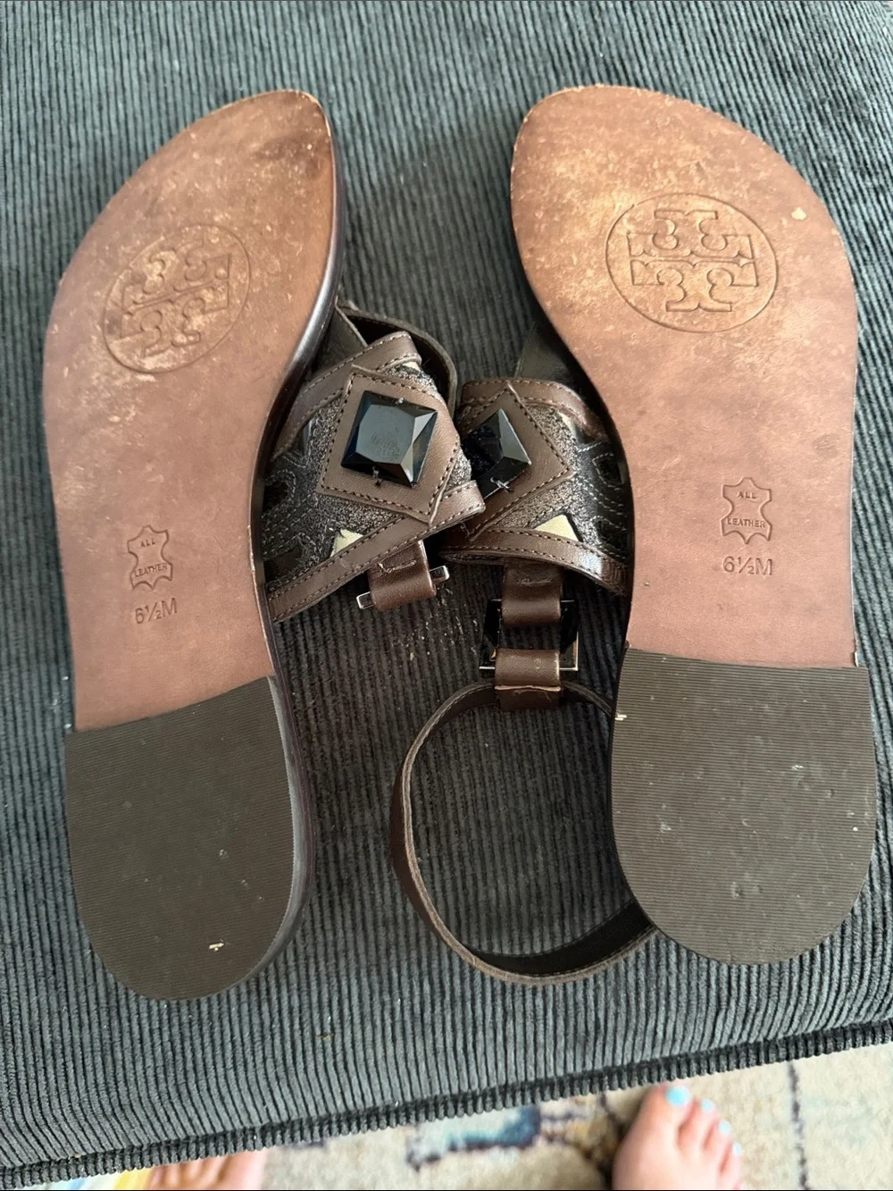 Tory Burch Brown Sandals with Black Gem Accents